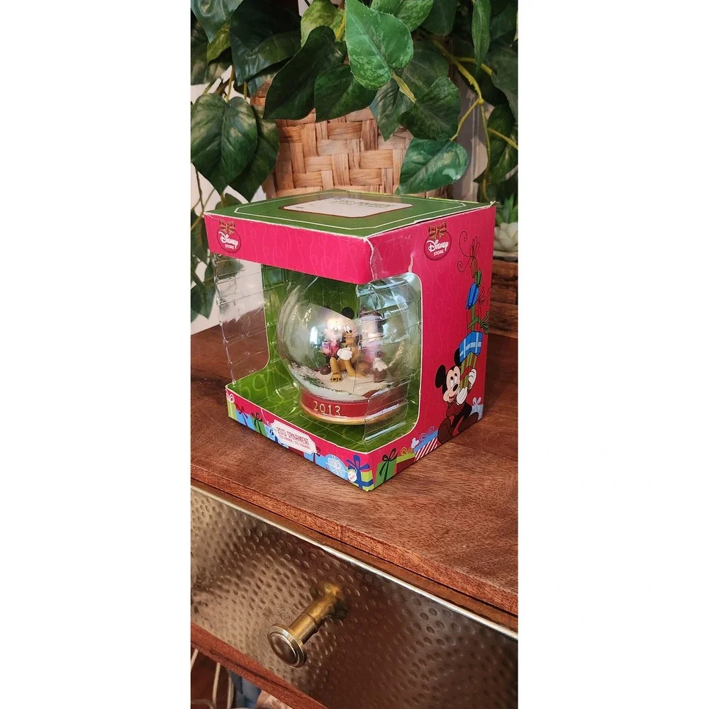 Disney‎ Store 2013 Mickey Minnie Pluto Glass Snow Globe Christmas Ornament NIB